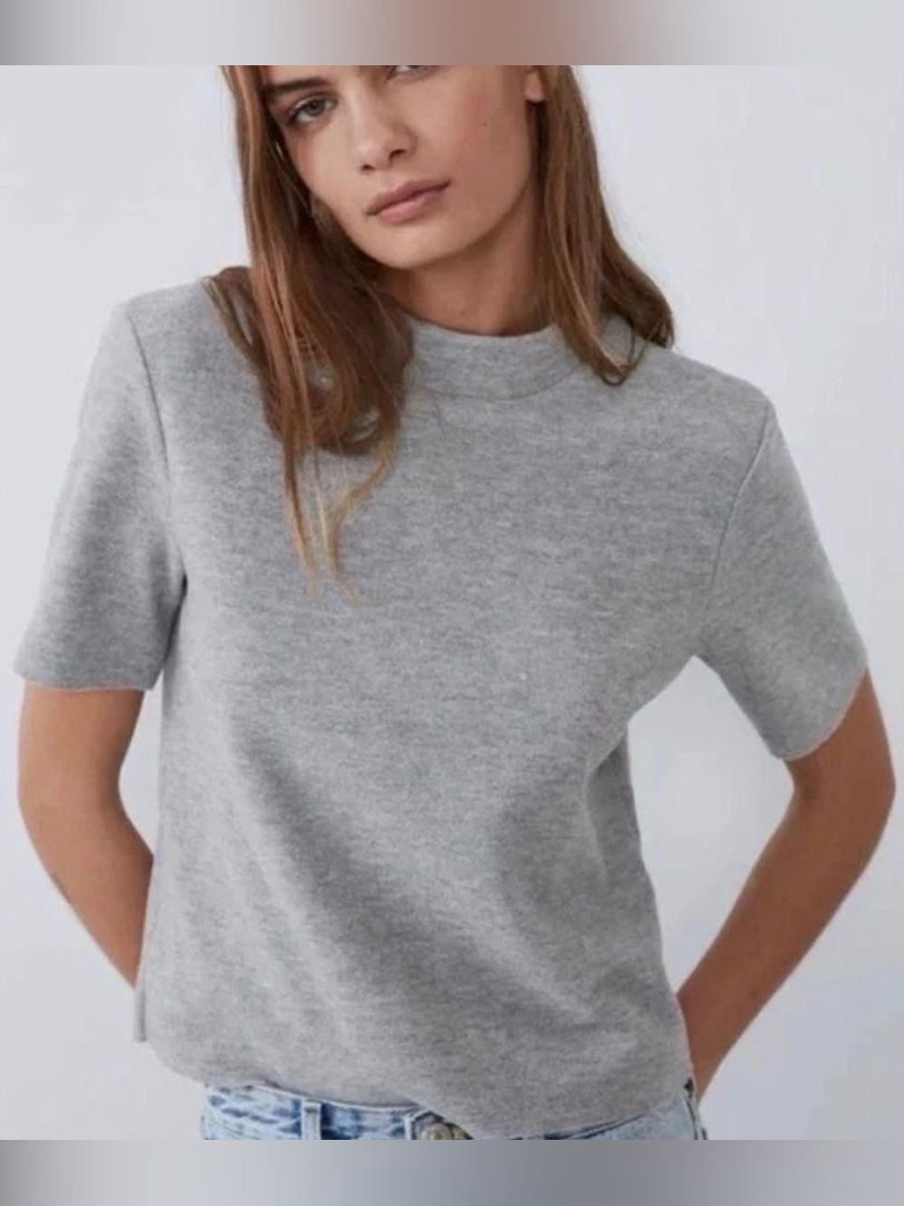 Zara Light Gray Short Sleeve Mock Neck Sweater